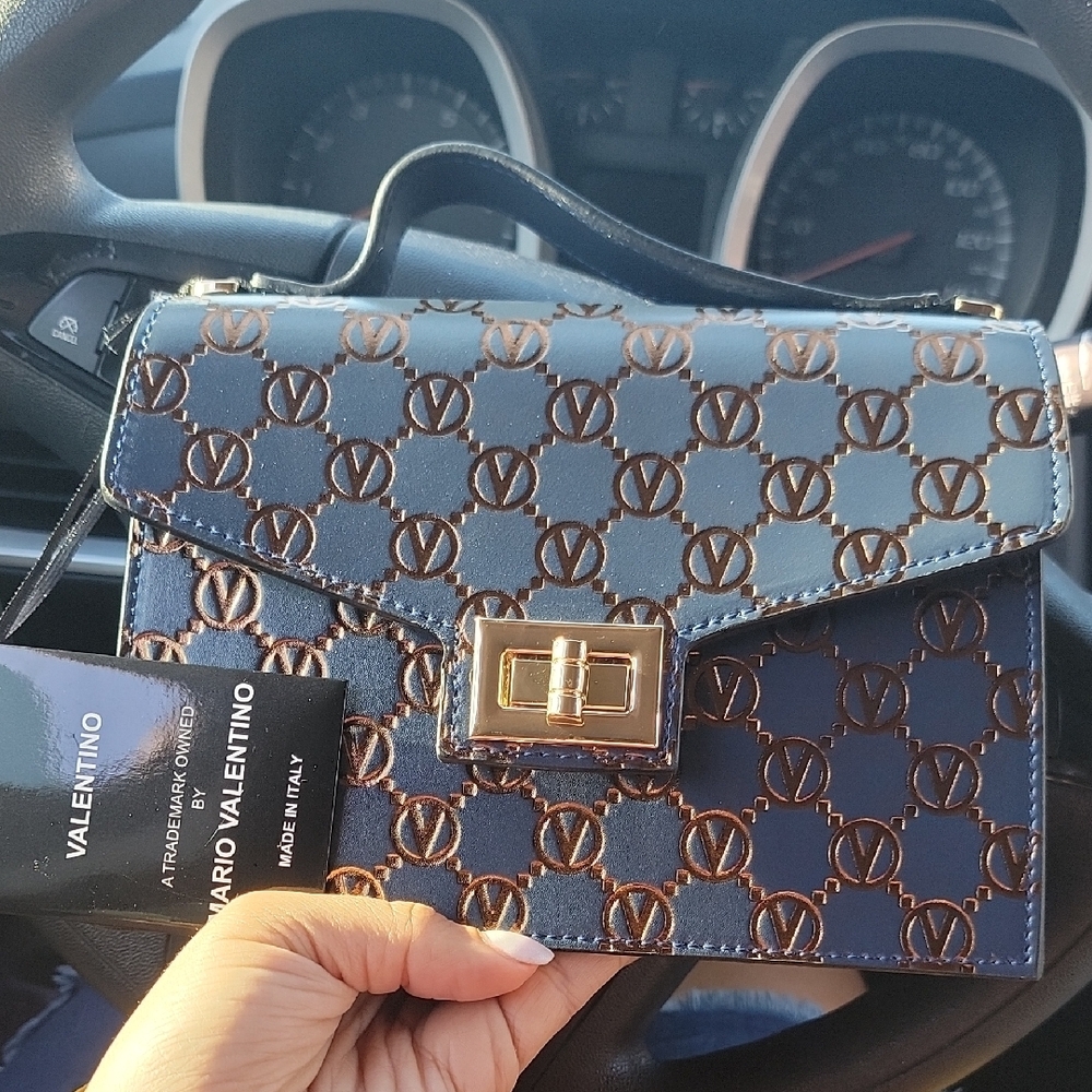 Valentino Blue and Brown Crossbody Bag with Geometric Design